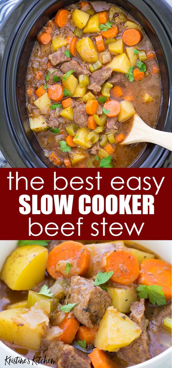 Best Easy Slow Cooker Beef Stew, with tender meat, carrots, potatoes, and celery. This classic beef stew recipe is perfect for a weeknight or Sunday dinner.