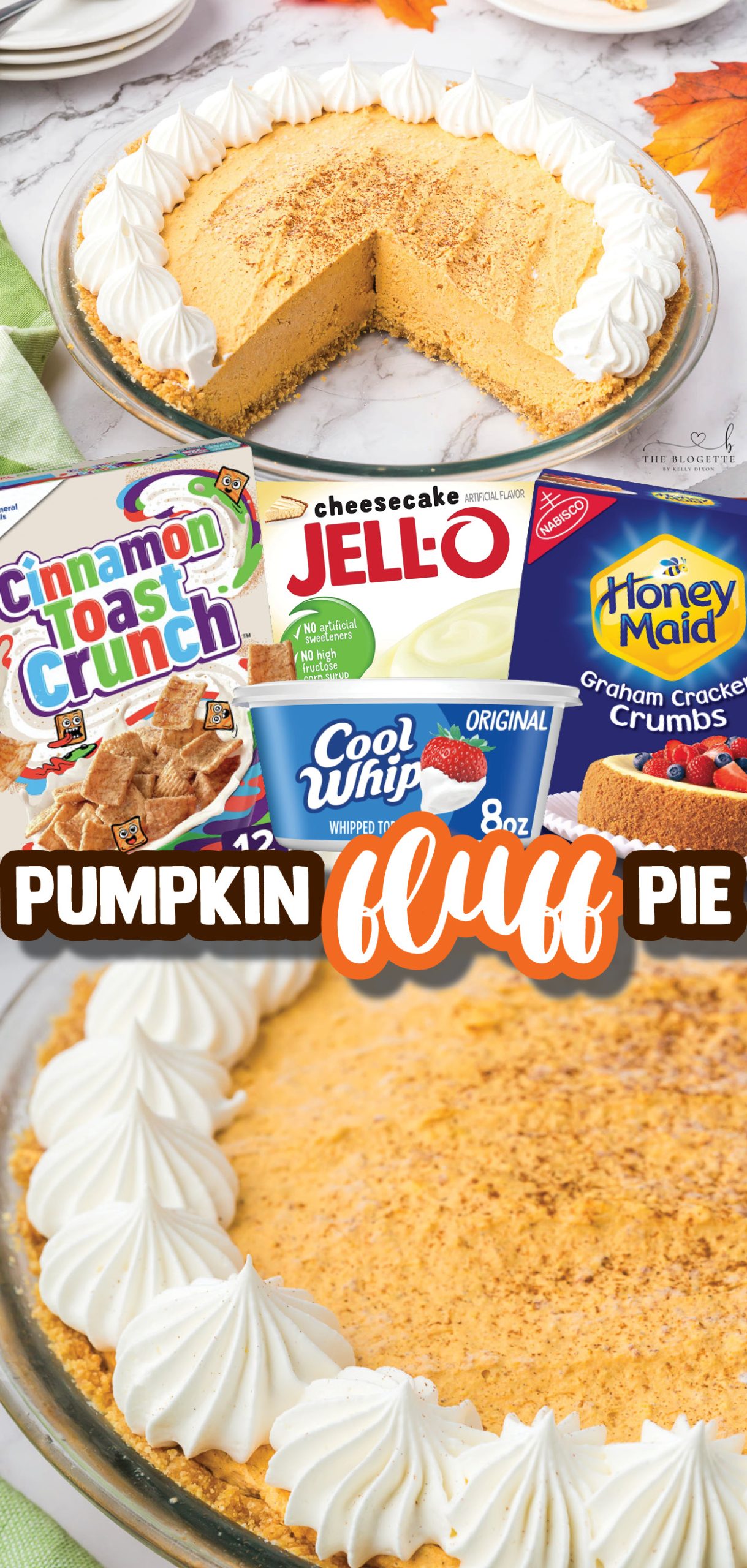 No-bake Pumpkin Fluff Pie is a pumpkin cream pie with a graham cracker crust and a Cinnamon Toast Crush twist!