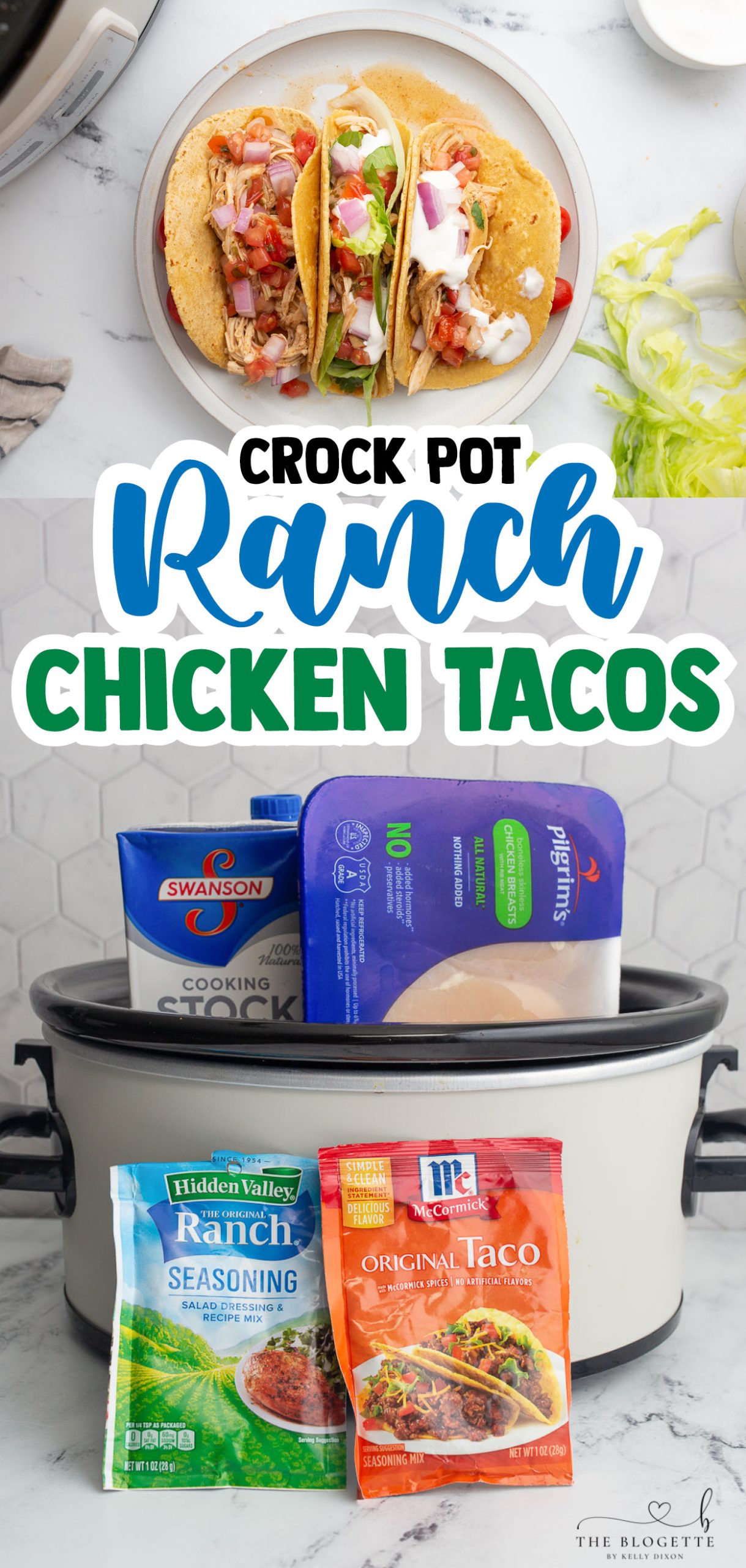 Crock Pot Ranch Chicken Tacos. Chicken breasts, taco seasoning, ranch seasoning, and chicken broth.  This shredded chicken is so flavorful, tender, and tasty!