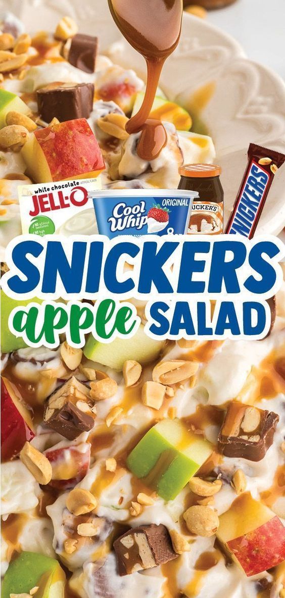Snickers apple salad is a delightful dessert with a combination of fresh, crisp apples and Snickers bars bathed in a creamy white chocolate whipped cream sauce. Top it with a caramel drizzle and a handful of salty peanuts! 
