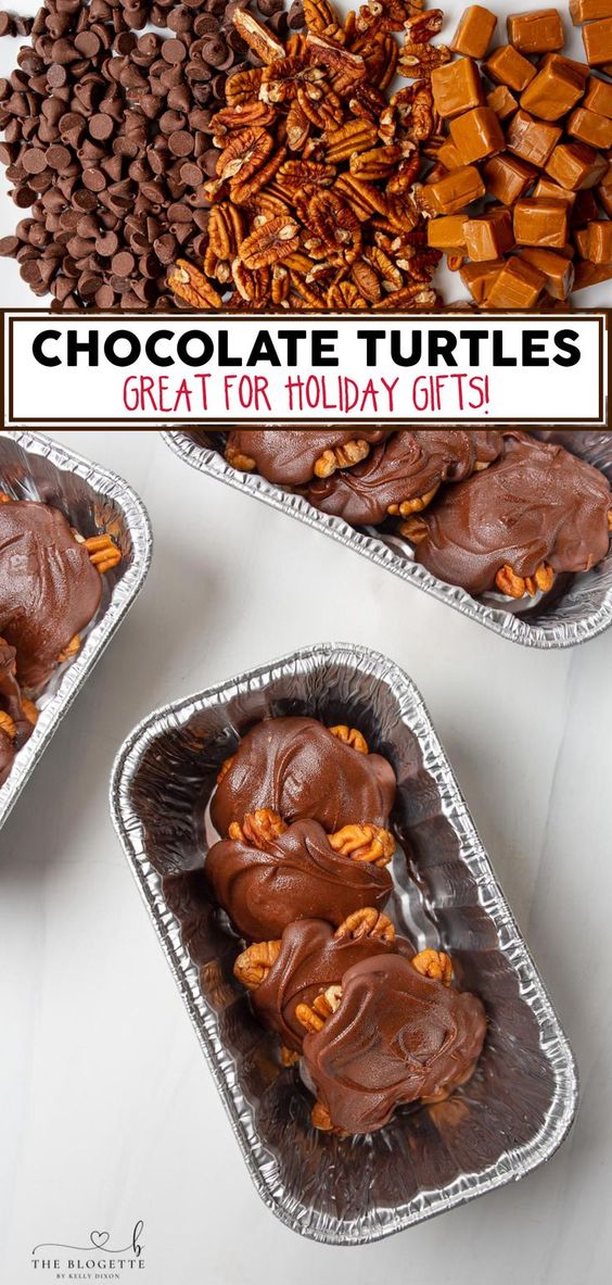 Homemade pecan turtle candies come together quickly using the microwave to melt the caramel and chocolate.