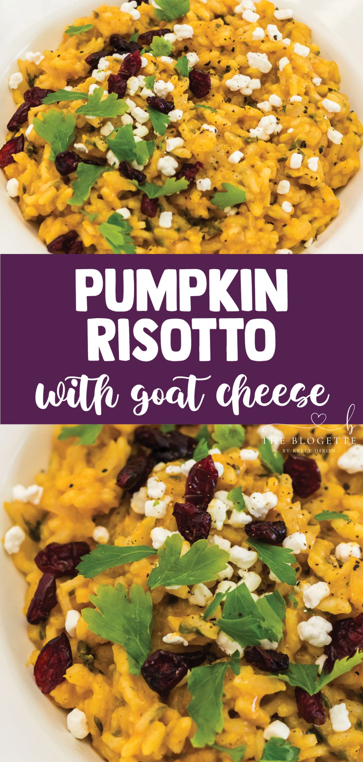 This Pumpkin Risotto with Goat Cheese & Dried Cranberries is a perfect fall comfort food - Rich, creamy and perfect for an elegant weeknight meal. Perfect for vegetarian guests at Thanksgiving!