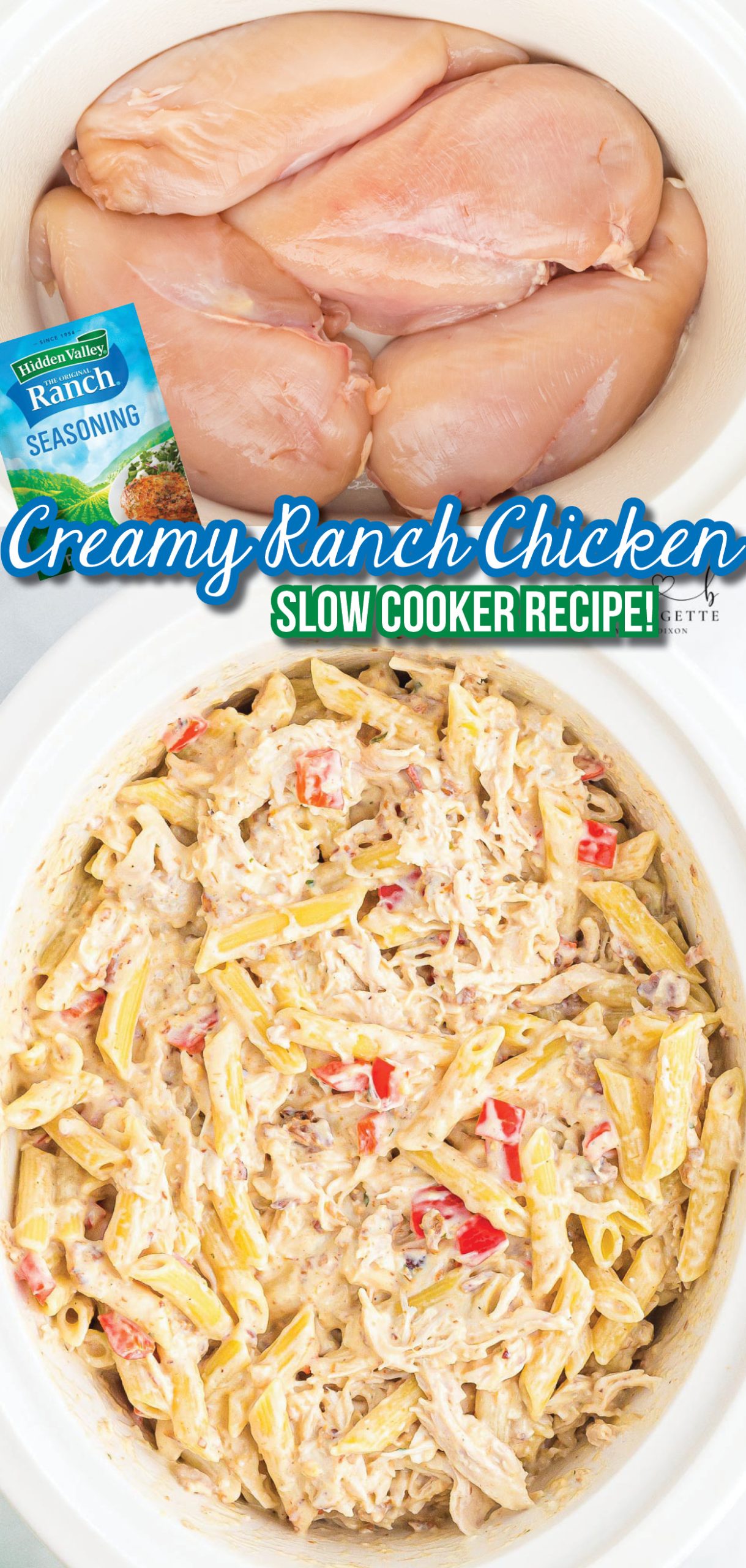 Slow Cooker Crock Pot Creamy Ranch Chicken recipe! A seriously addicting, creamy, comfort food ranch chicken recipe that you will love bite after bite!