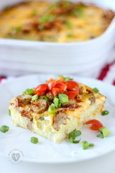 Loaded Hash Brown Breakfast Casserole made with hash brown patties! A wonderful comforting egg casserole loaded with bacon, sausage, and cheese #breakfastcasserole #hasbrowncasserole #hasbrownpattycasserole #breakfastrecipes
