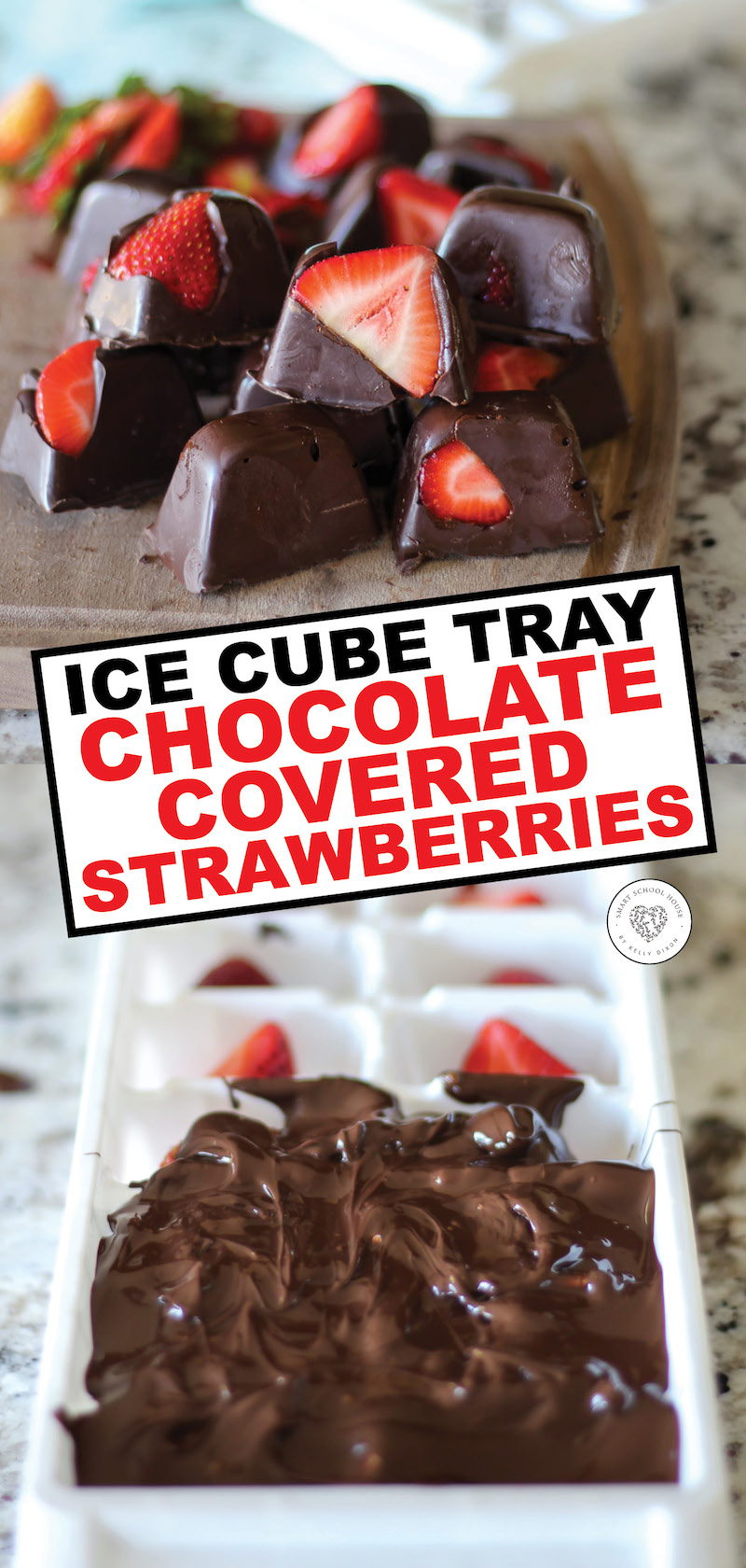 Chocolate covered strawberries are just about the best food around. Here is a easy, fun new recipe for easy chocolate covered strawberries. Delicious chocolate covered strawberries that can be made in an ice cube tray in about 5 minutes. Enjoy some delicious chocolate covered strawberries at your next party, or for your next relaxing night at home. #chocolate #strawberries #chocolatecoveredstrawberries #dessert #party #recipe #smartschoolhouse
