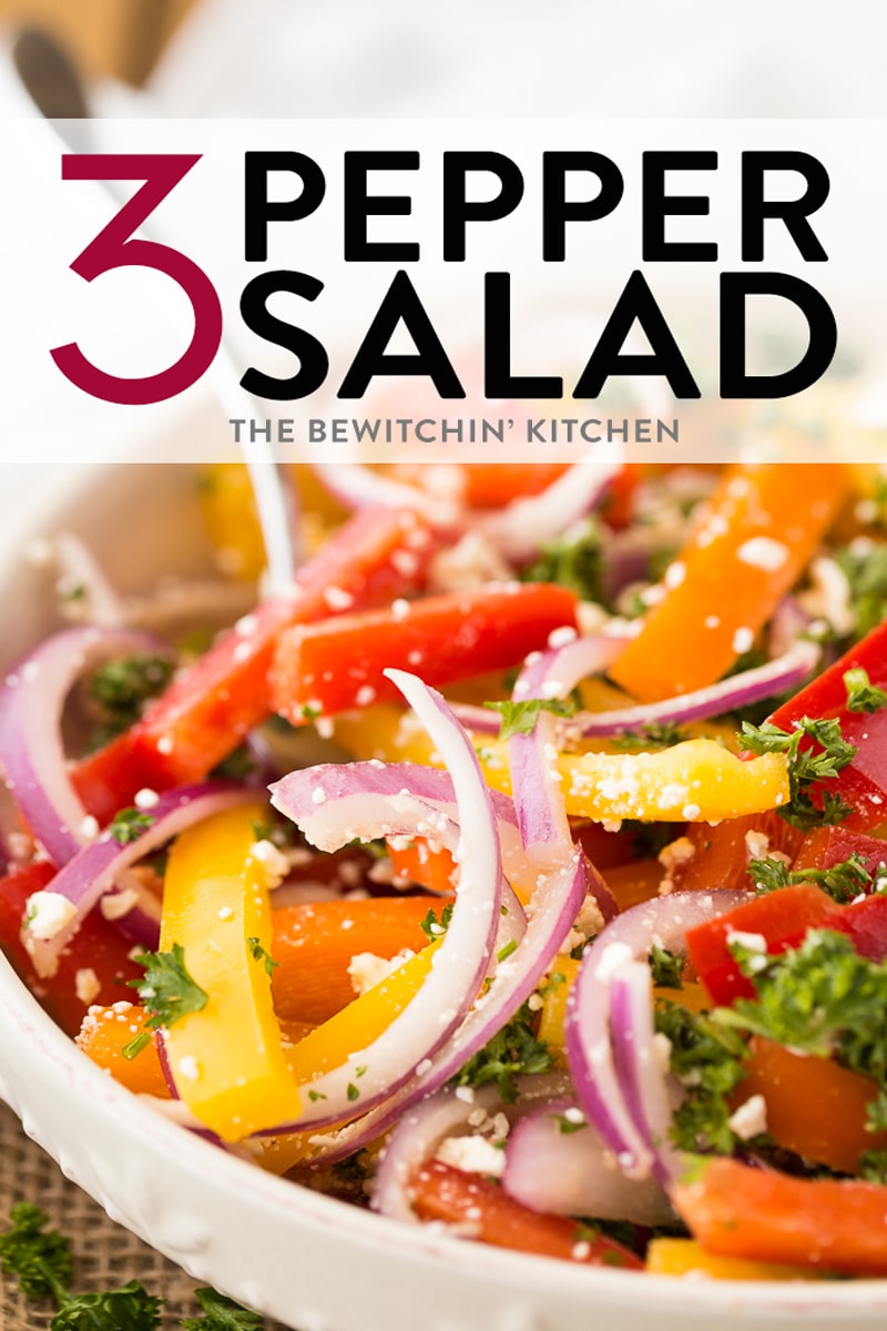 This three pepper salad recipe is a barbecue side dish favorite! Made with marinated bell peppers, red onion, and a vinegar dressing - this three pepper salad is ideal for picnics or a low carb dinner option! #thebewitchinkitchen #threepeppersalad #bbqrecipes #sidedish #healthyrecipes #lowcarbrecipes #lowcalorierecipes #barbecuerecipes #bellpepperrecipes