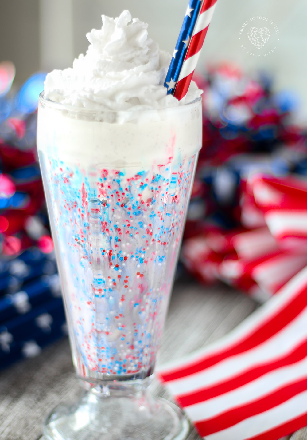 Ultra festive vanilla bean milkshake with red white and blue all over for the 4th of July!