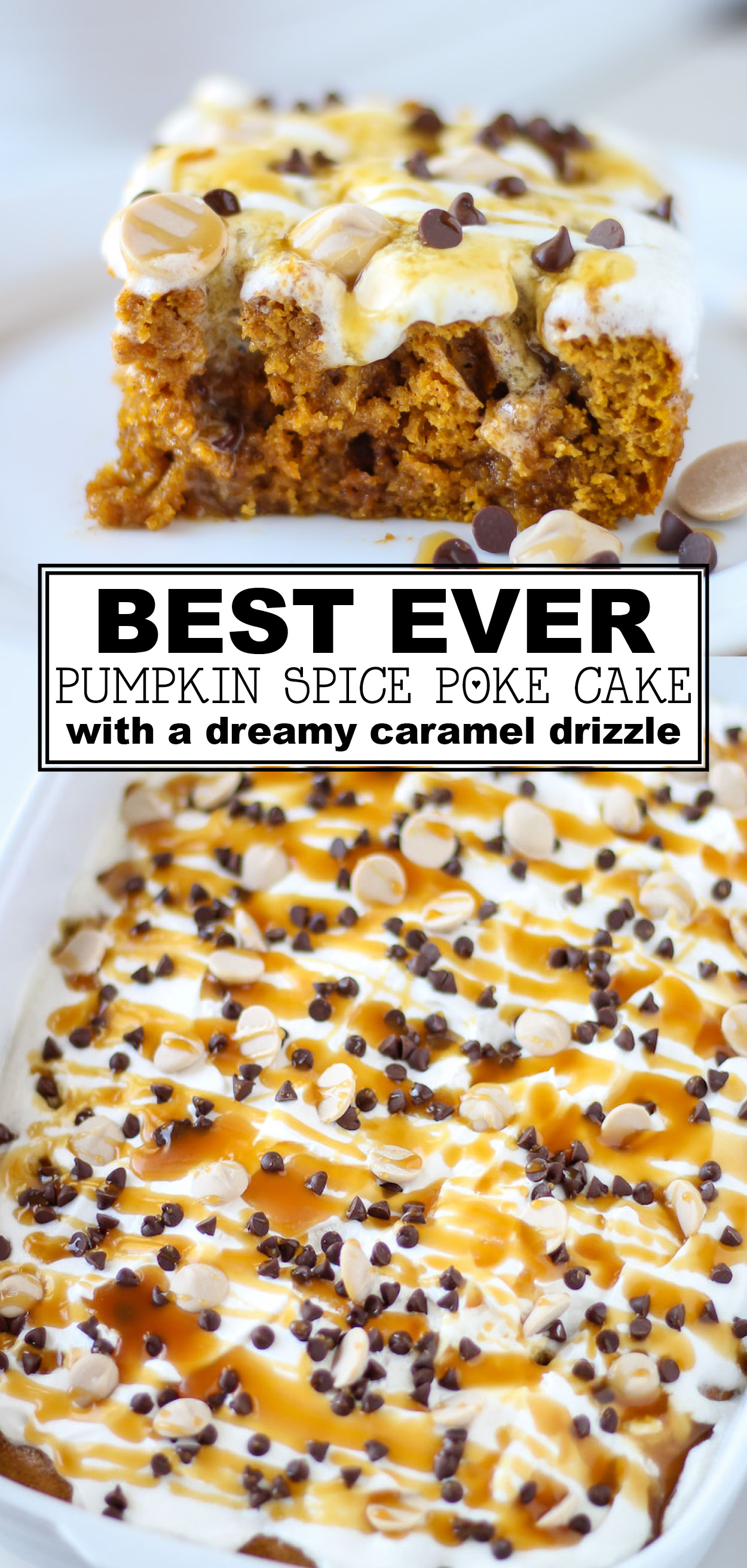 This holiday season you have to try the BEST Pumpkin Spice Poke Cake Recipe EVER! This cake is easy to make, and so moist and delicious. Combining the pumpkin spice, cream cheese frosting, and caramel flavors makes this dessert so delicious. Try this recipe and you will soon be enjoying the only cake you will want to make this holiday season. Make one for your next party and it will be a new favorite. #recipe #desserts #cake #easy #homemade