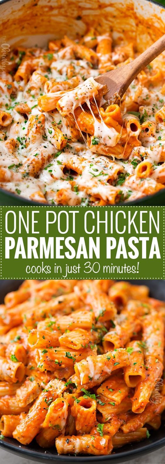 One Pot Chicken Parmesan Pasta. All the great chicken parmesan flavors, combined in one easy one pot pasta dish that's ready in 30 minutes! Less dishes, but a meal with maximum flavor!