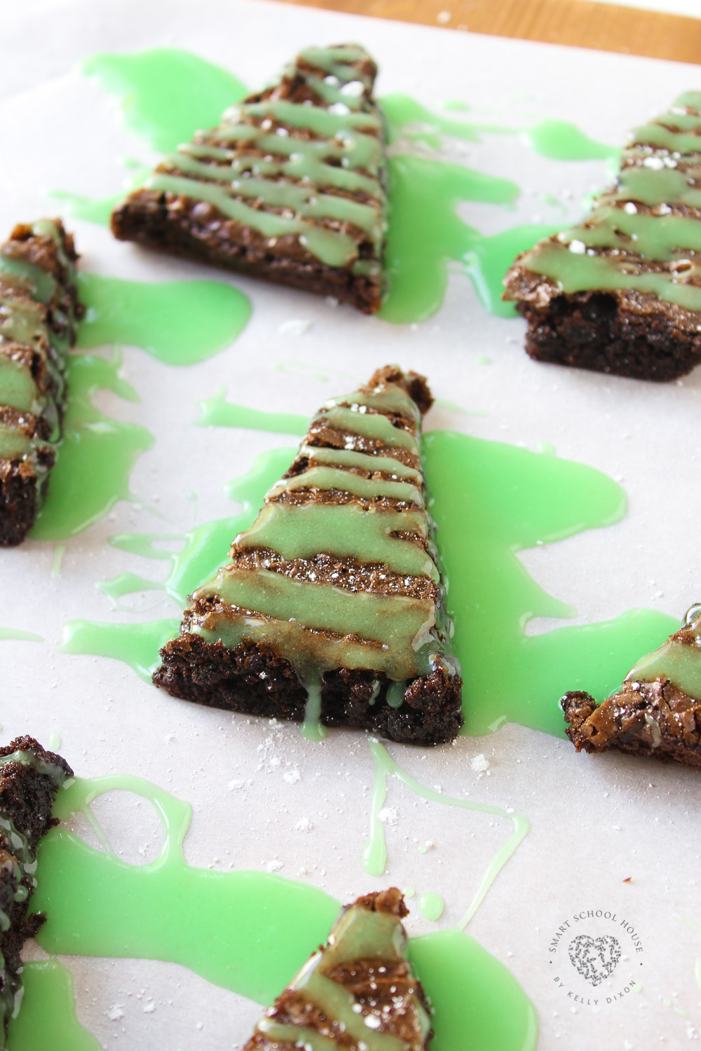 Drizzled frosting on brownie Christmas trees