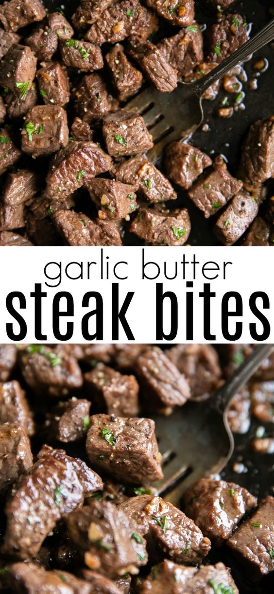 Cooked in a delicious garlic butter sauce, these tender Steak Bites are made with sirloin steak for juicy, mouthwatering bite-size pieces every time! 