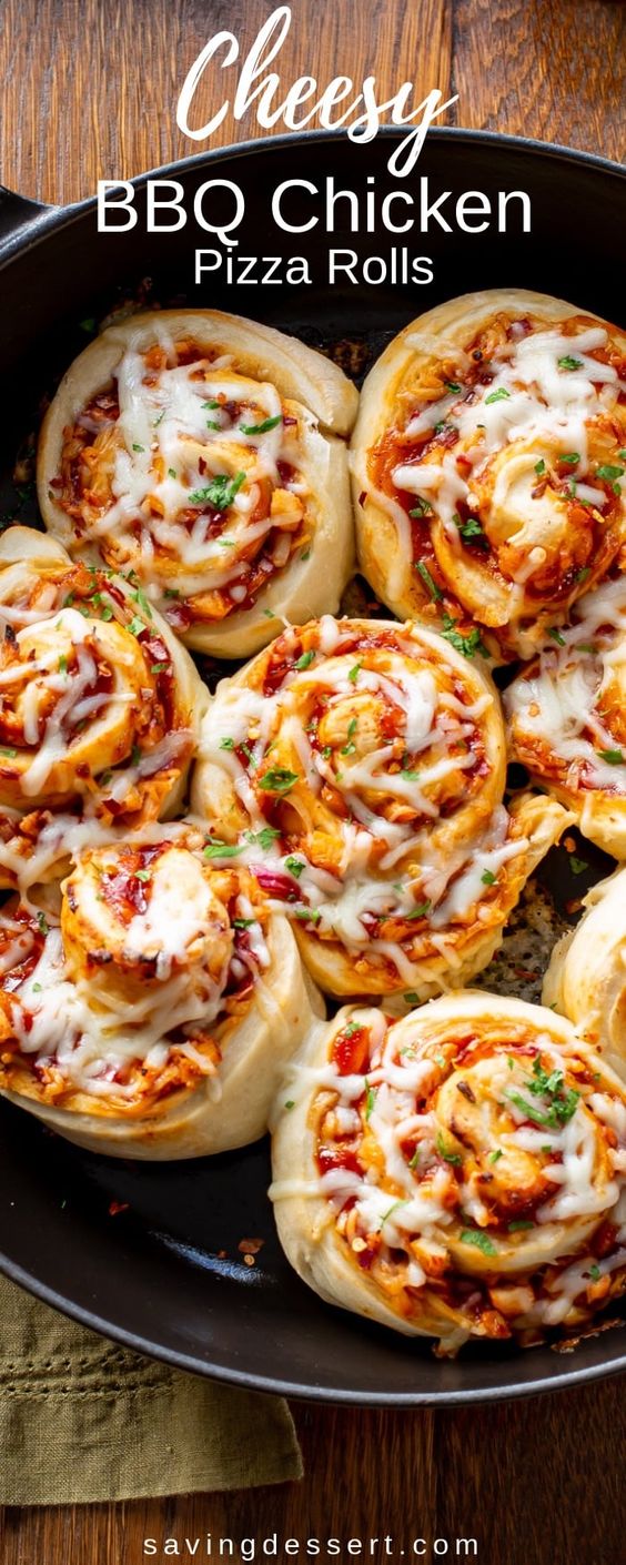 Cheesy BBQ Chicken Pizza Rolls - Cheesy soft rolls of pizza dough stuffed with tender chunks of chicken, sweet BBQ sauce, chopped red onion and salty bacon bits!