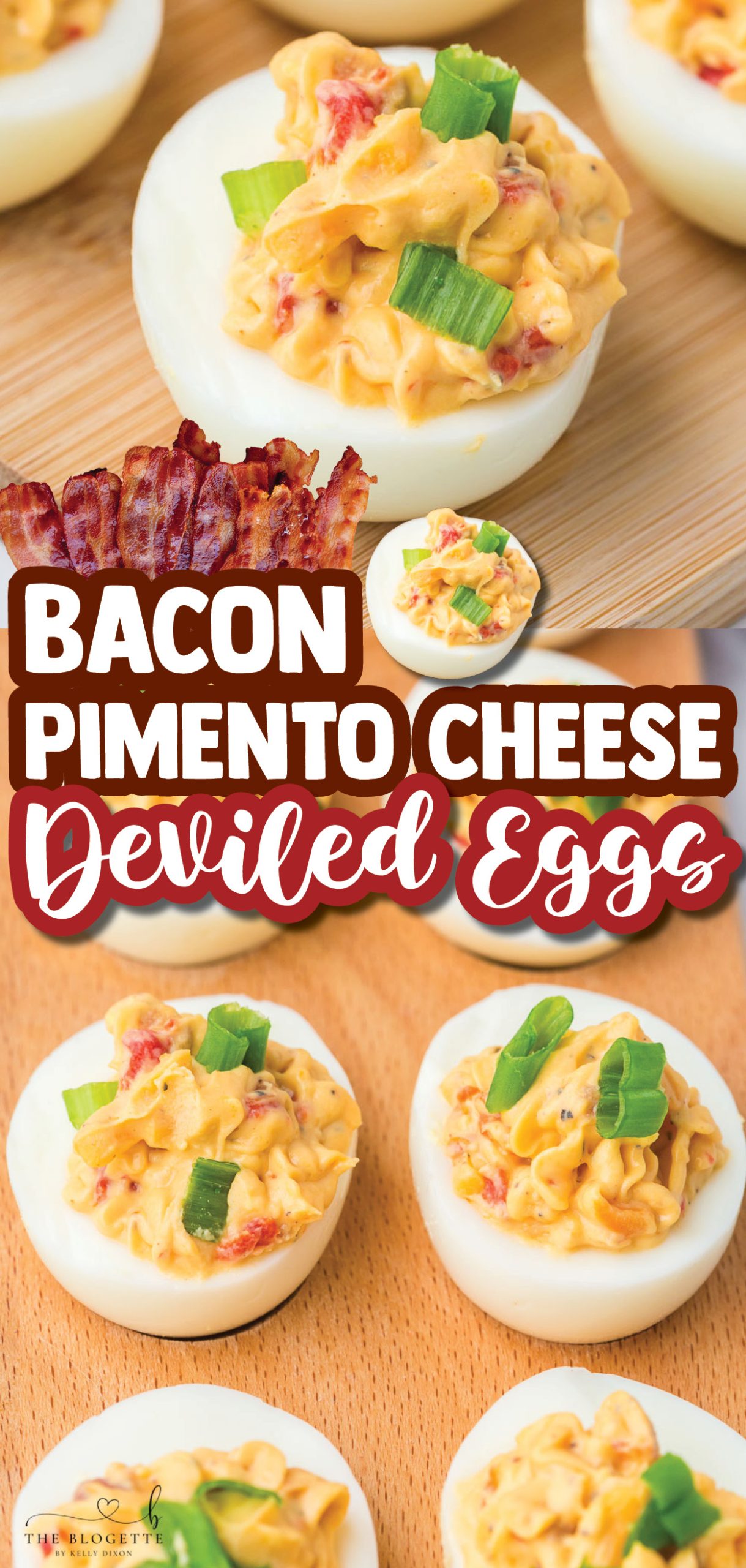 Bacon Pimento Deviled Eggs are a delicious twist on a classic deviled egg recipe! Deviled egg whites filled with a creamy pimento cheese mixture and topped with bacon. This is a gorgeous appetizer for a holiday table or any brunch gathering.