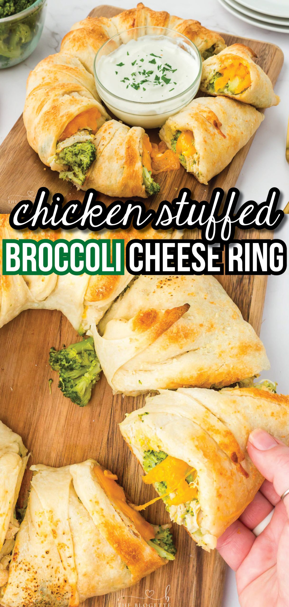 Cheesy Chicken Stuffed Broccoli Ring - It can be served as an appetizer, a lunch, a dinner, or a potluck. Store-bought pizza dough is stuffed with a cheesy chicken and broccoli filling and baked until golden brown. 