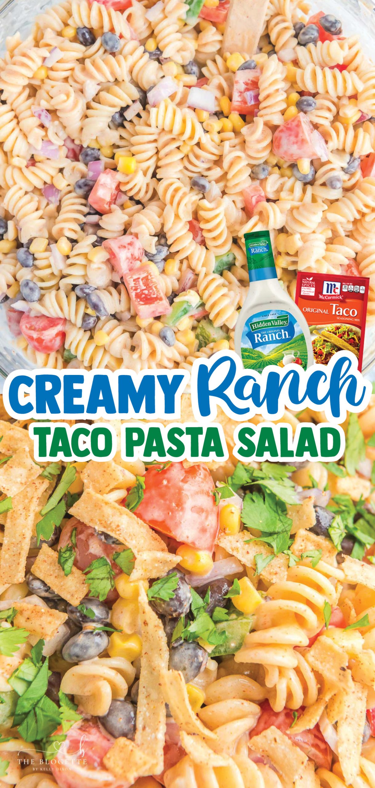 Creamy Ranch Taco Pasta Salad - Ranch dressing and taco seasoning folded into pasta with tomatoes, beans, corn, and more!