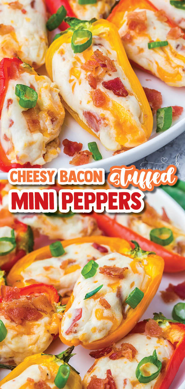 These Cheesy Bacon Stuffed Mini Peppers are the perfect crowd pleasing appetizer! They're stuffed with two kinds of cheese, bacon, and more, then baked till melty and delicious!