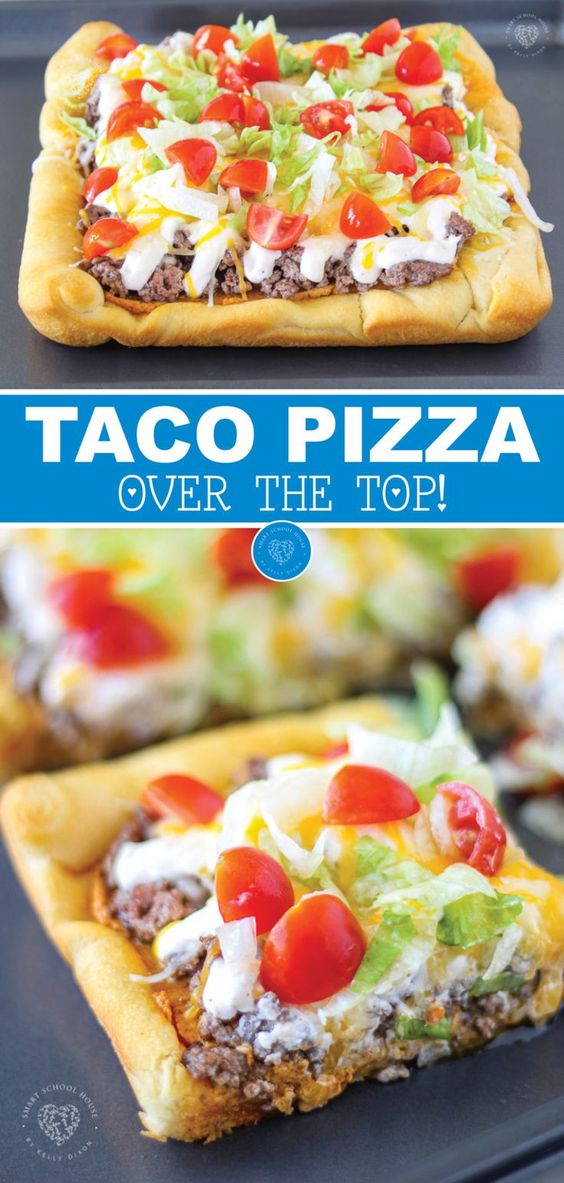 Have you ever heard of taco pizza? This recipe is easy and delicious! It is a great way to get the best of both worlds! It has the perfect chewy pizza crust with your favorite taco toppings. If you and your family love tacos and pizza, then you have to try this simple dinner recipe! #taco #pizza #recipes #dinner
