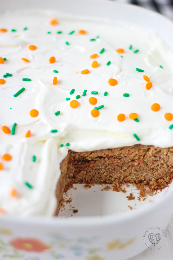 Lazy Carrot Cake - Made with butter, eggs, and topped with a whipped cream frosting. 