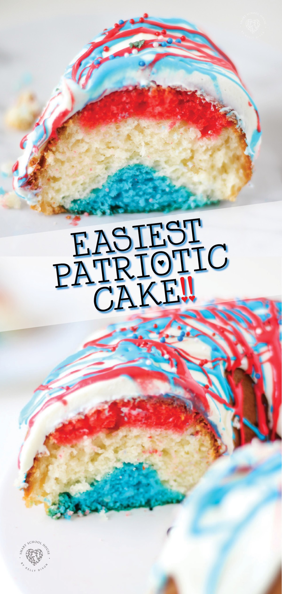 Blue Cake recipe is so pretty with three colorful layers of fluffy cake and patriotic drizzled frosting. It will be a hit for the Fourth of July, Memorial Day, and Flag Day!