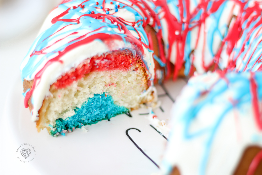 EASY Red, White, and Blue Cake Recipe! 3 colorful layers and fluffy cake. For the Fourth of July, Memorial Day, and Flag Day.