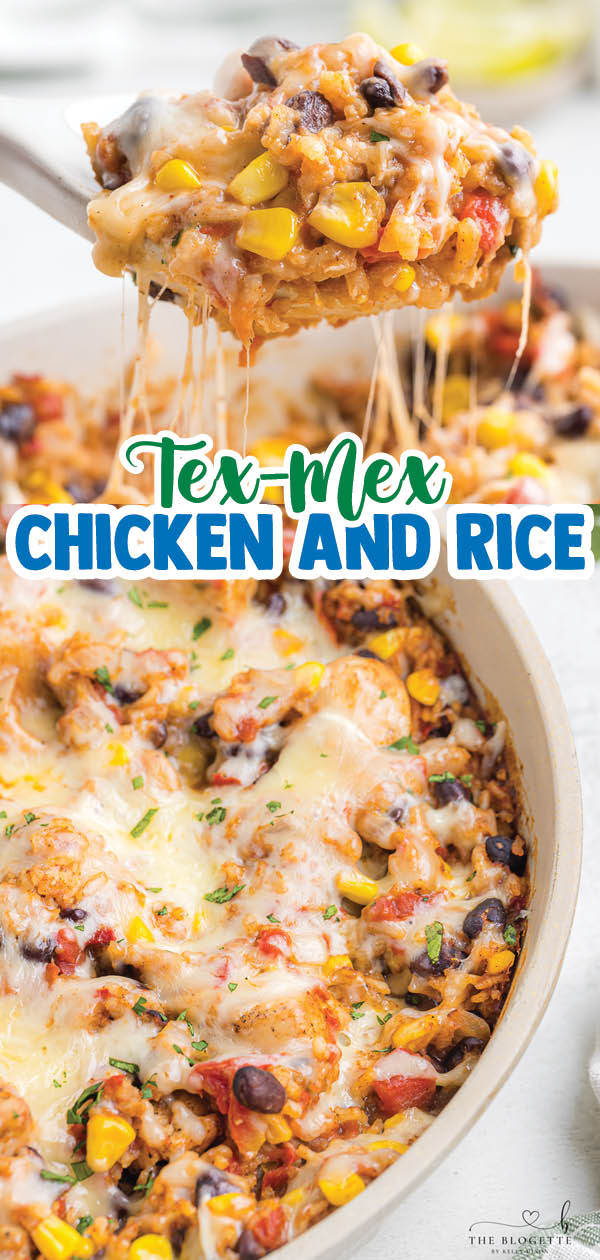 One-pan Tex Mex Chicken and Rice packed with chicken, rice, tomatoes, beans, corn, chilies, and ooey gooey melted cheese!