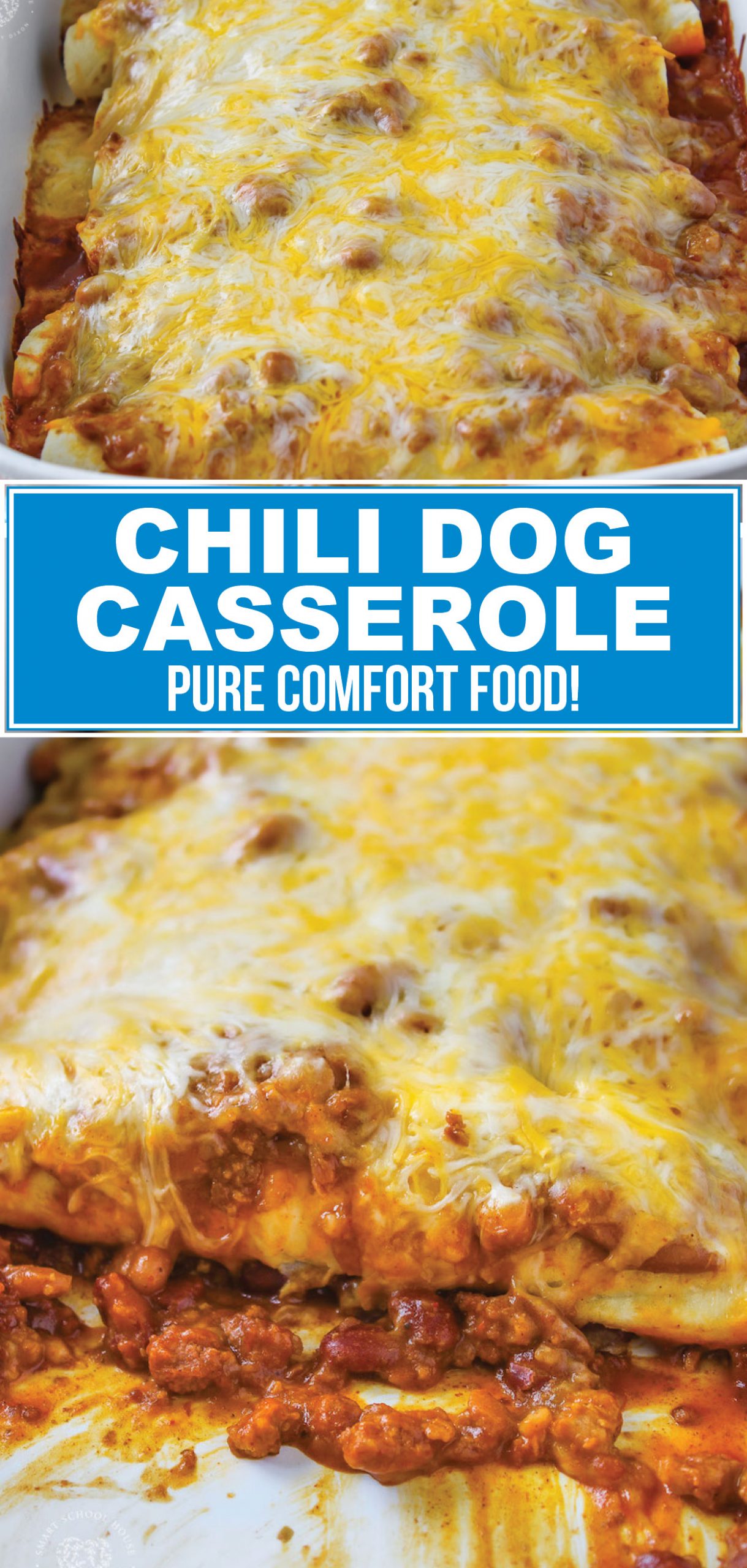 This Cheesy Chili Dog Casserole is pure comfort food. Hot dogs, chili, and cheddar cheese combined to make an easy and delicious meal. #hotdog #casserolerecipes