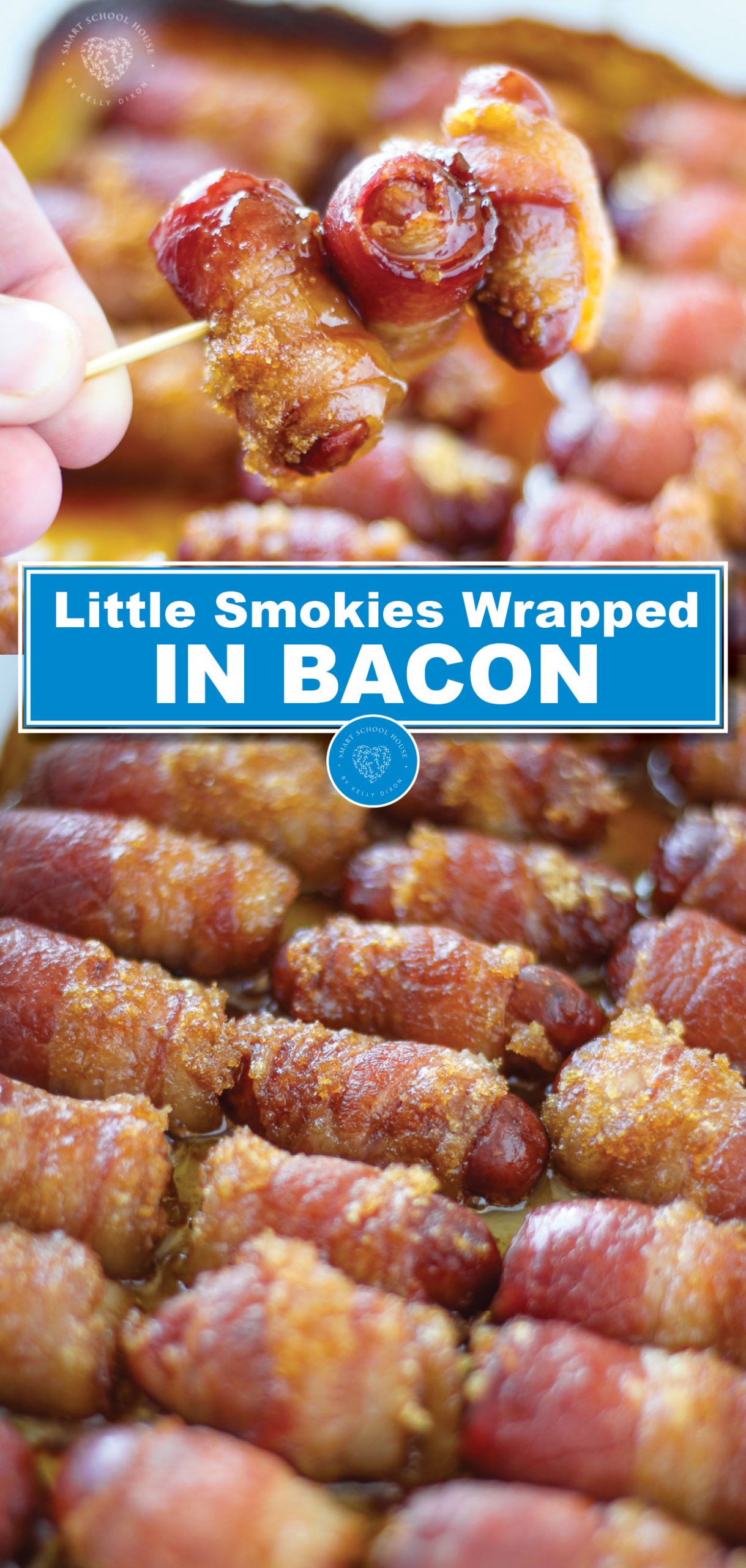 Little sausages wrapped in bacon and smothered in sweet brown sugar. An easy recipe for parties, game day, or potlucks! They are baked to mouthwatering golden brown perfection. These Little Smokies Wrapped in Bacon are so addictive, everyone loves them from kids to adults. What’s not to love here?