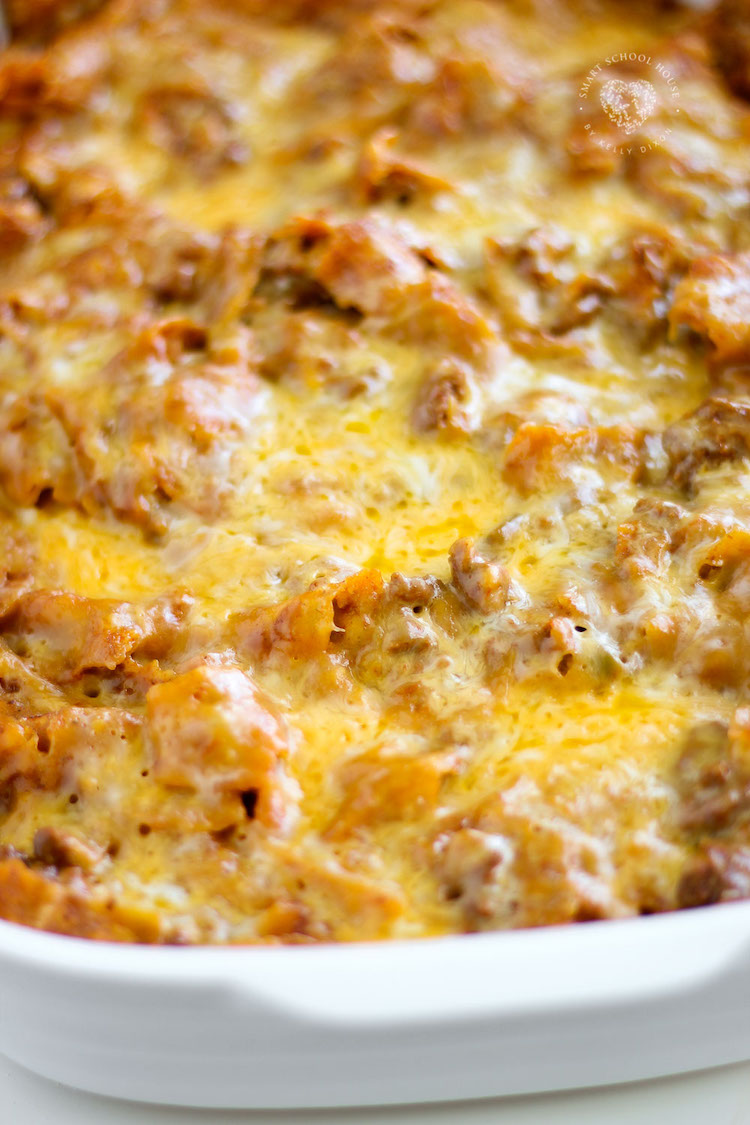 Tortilla Chip Enchiladas are made with beef or chicken, enchilada sauce, spices, cheese, and crispy tortilla chips.