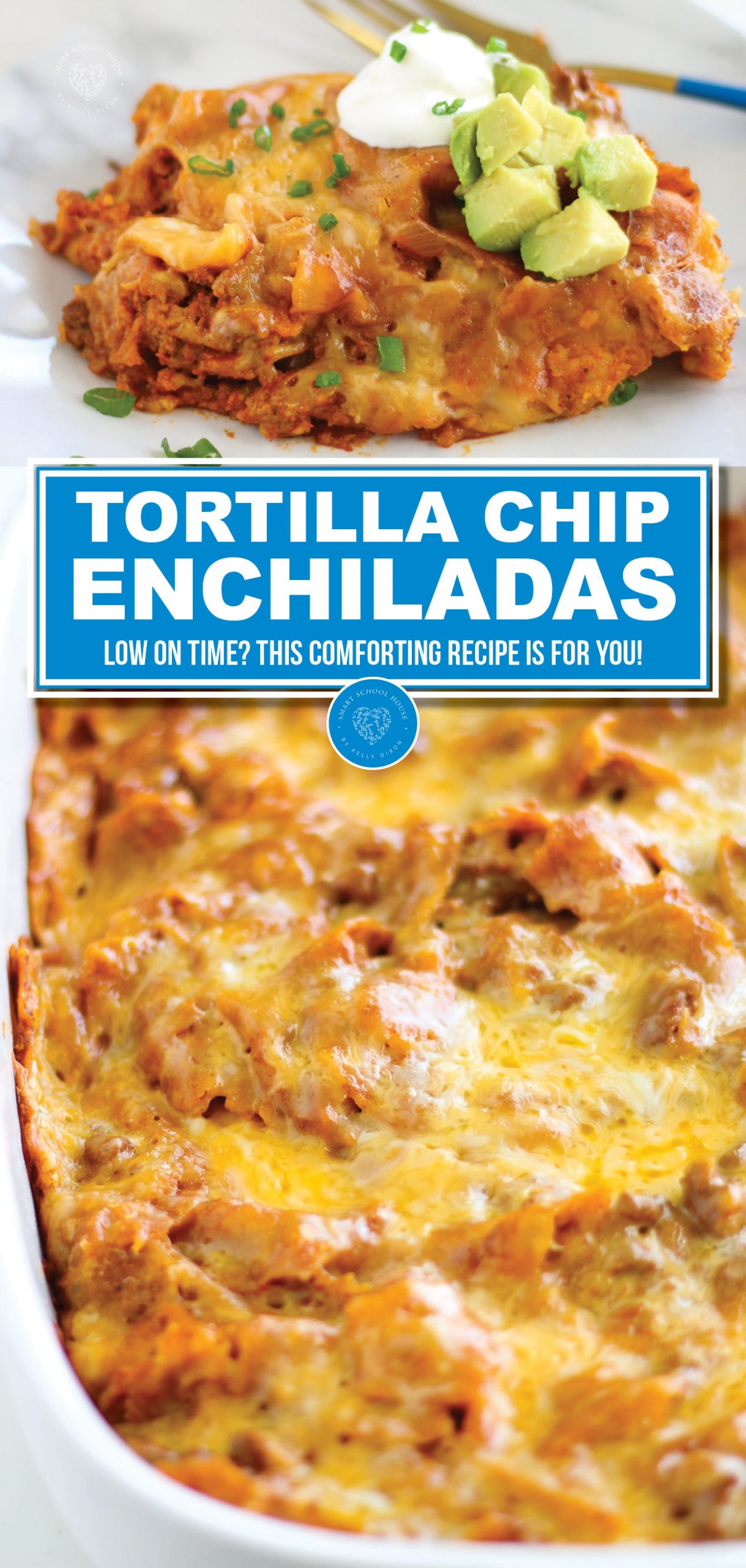 Tortilla Chip Enchiladas are made with beef or chicken, enchilada sauce, spices, cheese, and crispy tortilla chips.