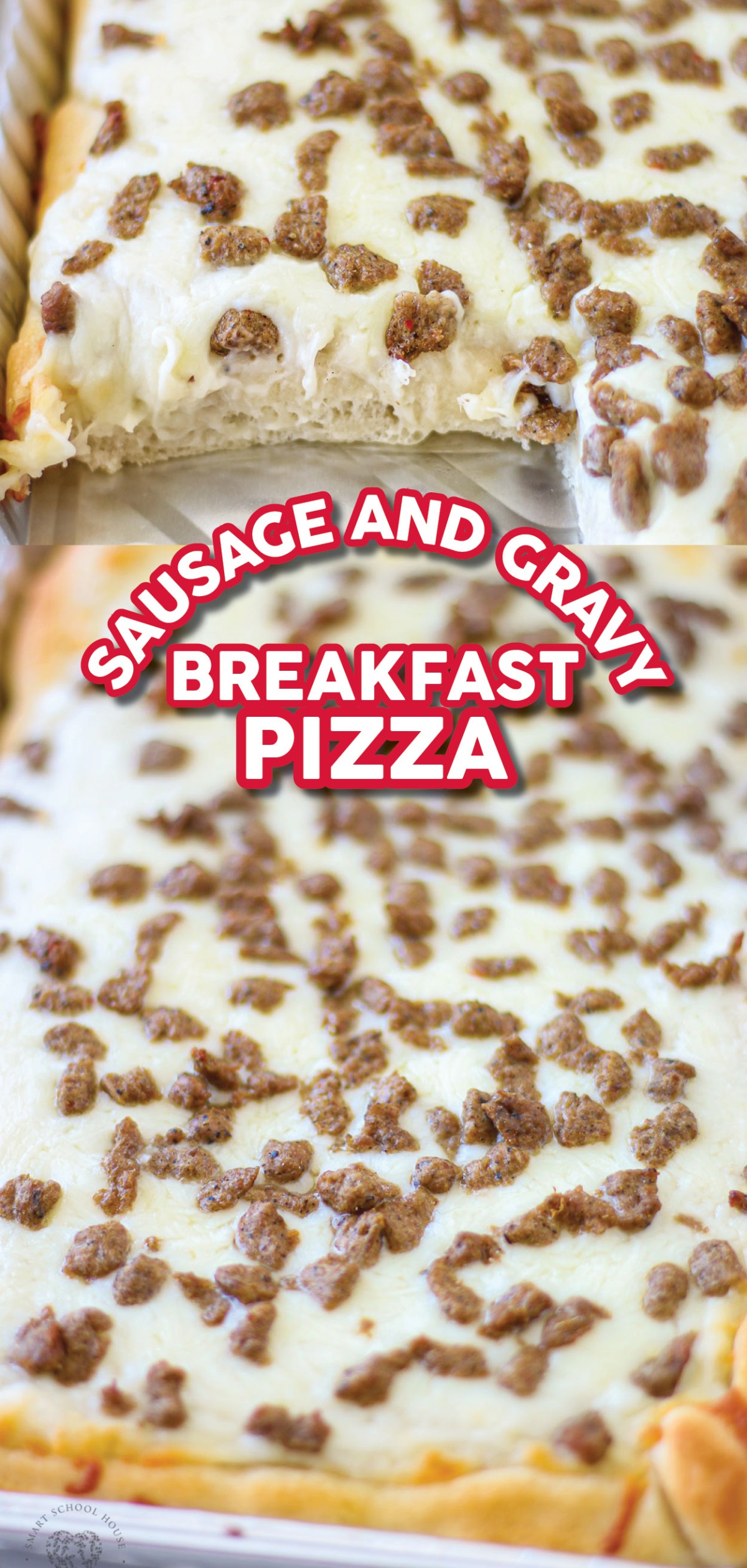 Easy Breakfast Pizza is a great on-the-go breakfast idea that is fun to eat. Delicious breakfast sausage crumbles on top of country gravy, then covered in ooey-gooey cheese.