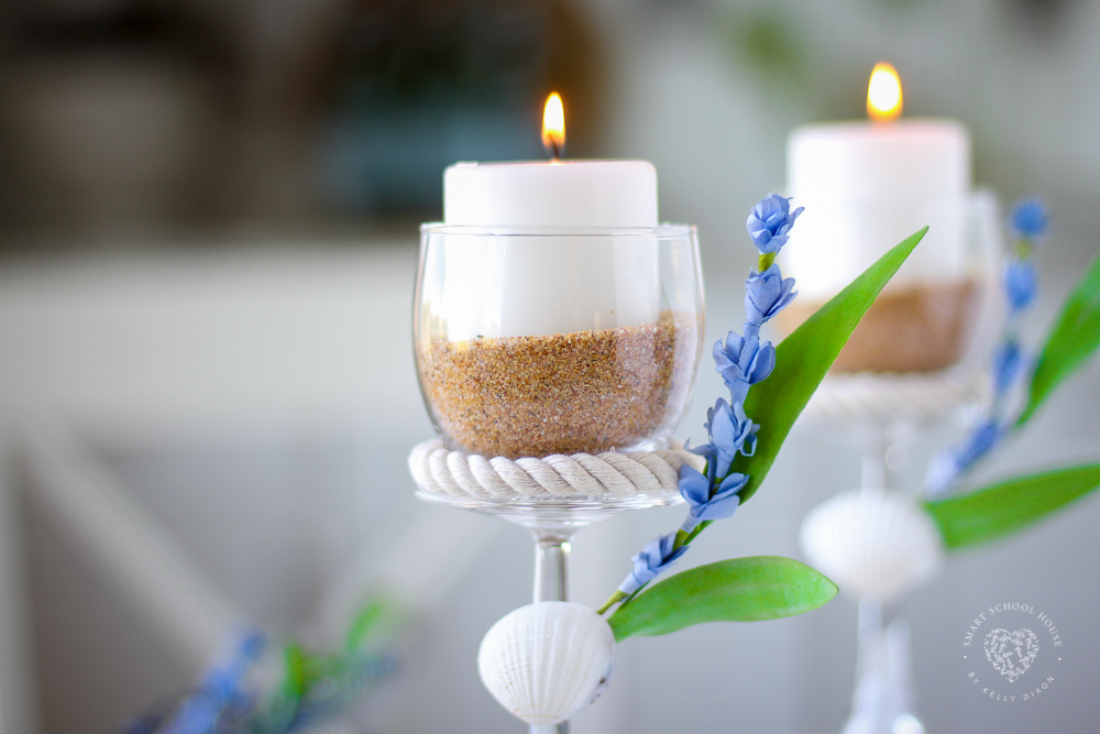 These Wine Glass Candle Holders with starfish, seashells, and sea glass are delicately gorgeous and elegant. 