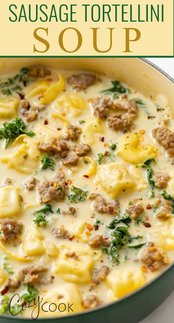 This Sausage Tortellini Soup is extra creamy and easy to make on the stovetop. This 30-minute meal is full of flavor and filling enough for an easy family dinner.