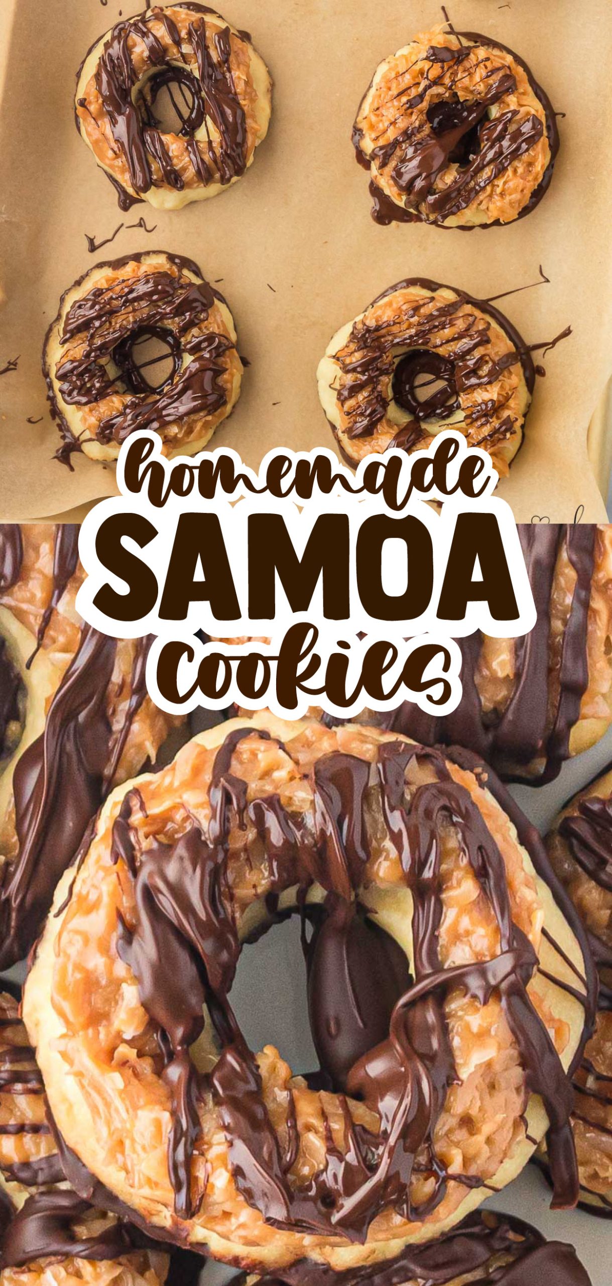 Homemade Samoa Cookies are a copycat version of the Girl Scout Cookie! Big, thick, and packed with chocolate, caramel, and coconut.