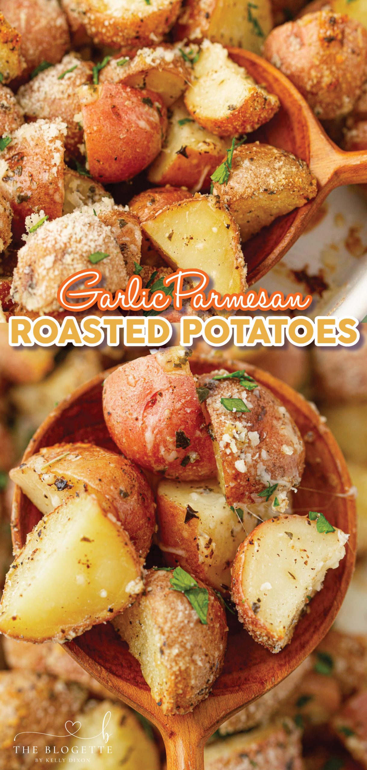 Buttery garlic potatoes are tossed with Parmesan and roasted to crisp and tender perfection!