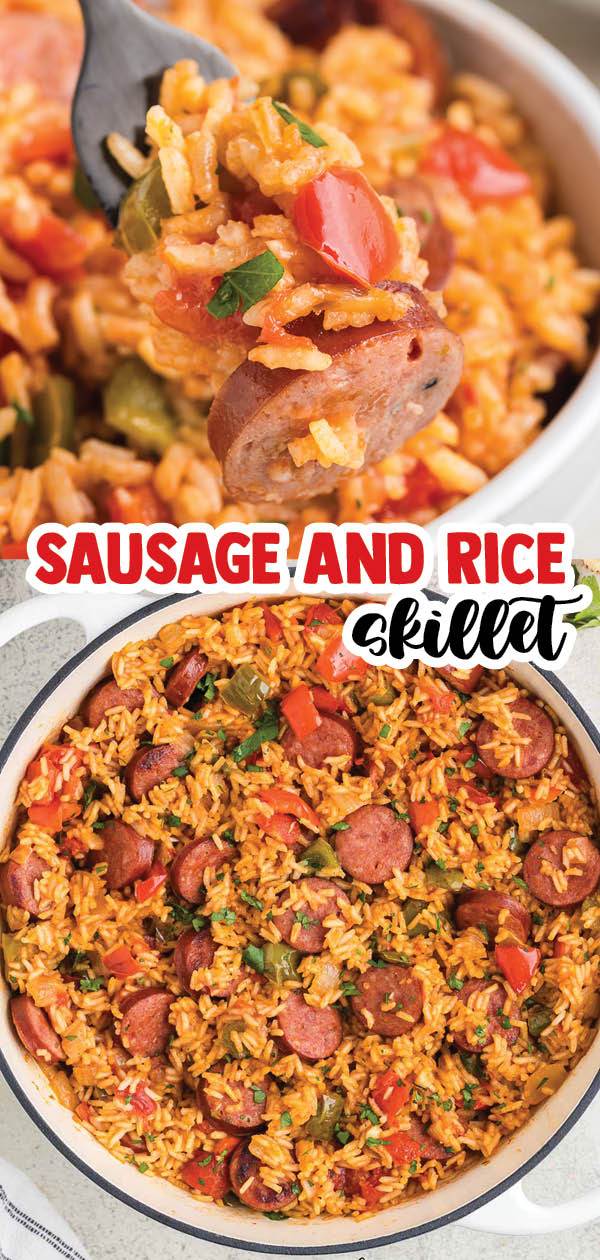 Smoky kielbasa sizzled with sweet bell pepper, onions, and garlic in vibrant tomato sauce. This quick and easy sausage, pepper, and rice skillet is downright delicious!