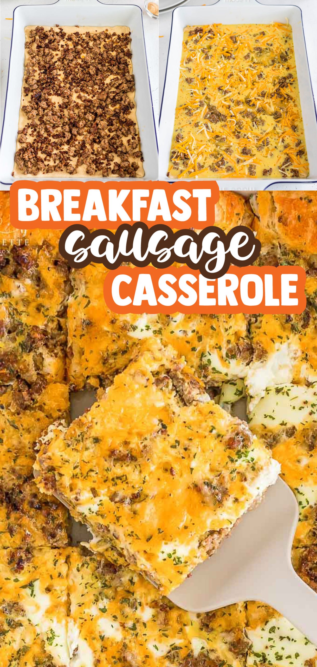 The best Breakfast Sausage Casserole with a layer of cheese, eggs, crescent dough, and sausage! A wonderful brunch or breakfast recipe.