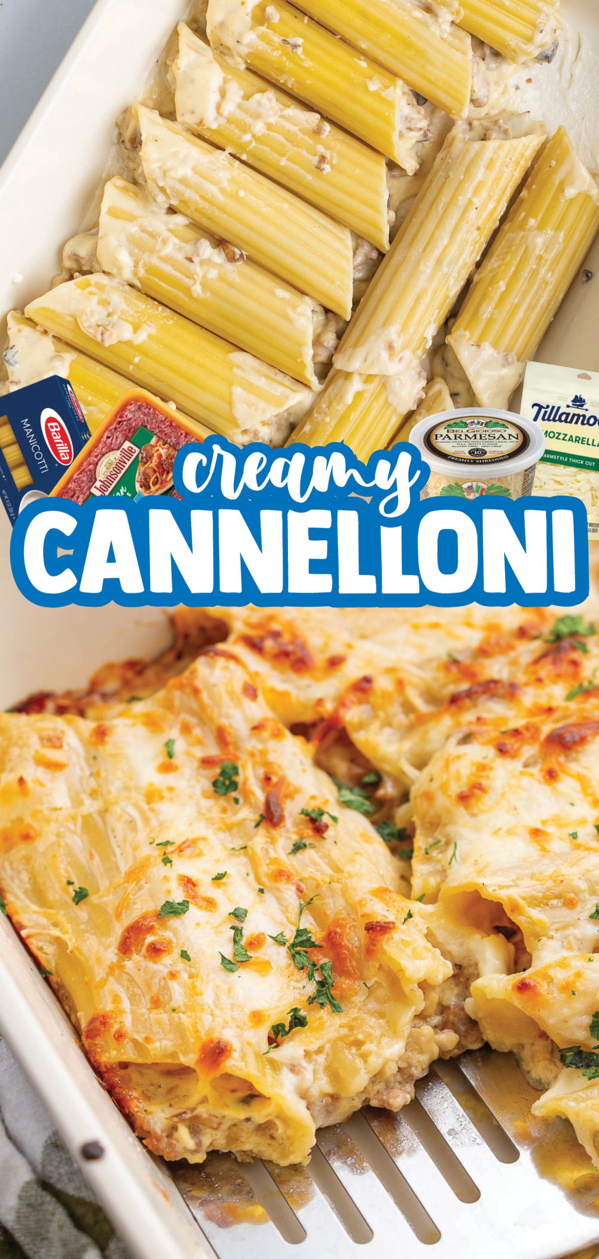 Baked Cannelloni are large pasta shells stuffed with sausage, mushrooms, and cheese, then covered in a creamy sauce!