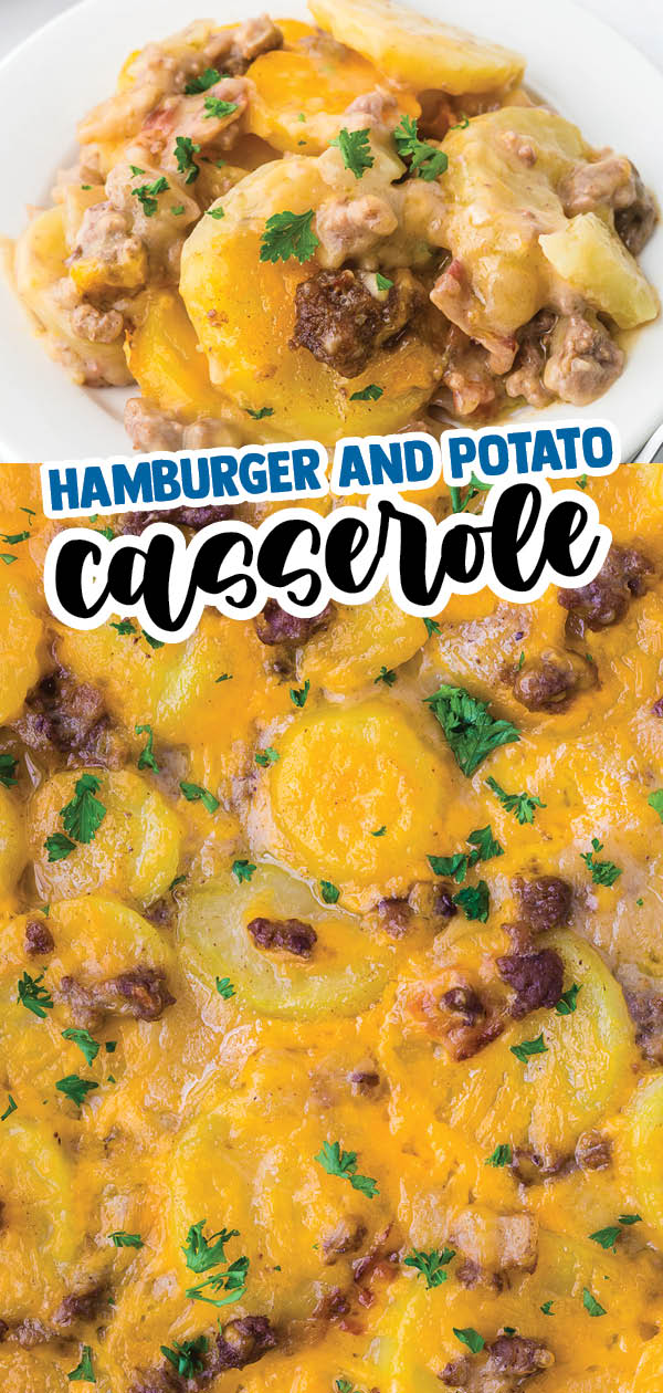 Hamburger and Potato Casserole is a comforting and hearty dinner made in one dish! Potatoes and bacon in a creamy and cheesy sauce. 