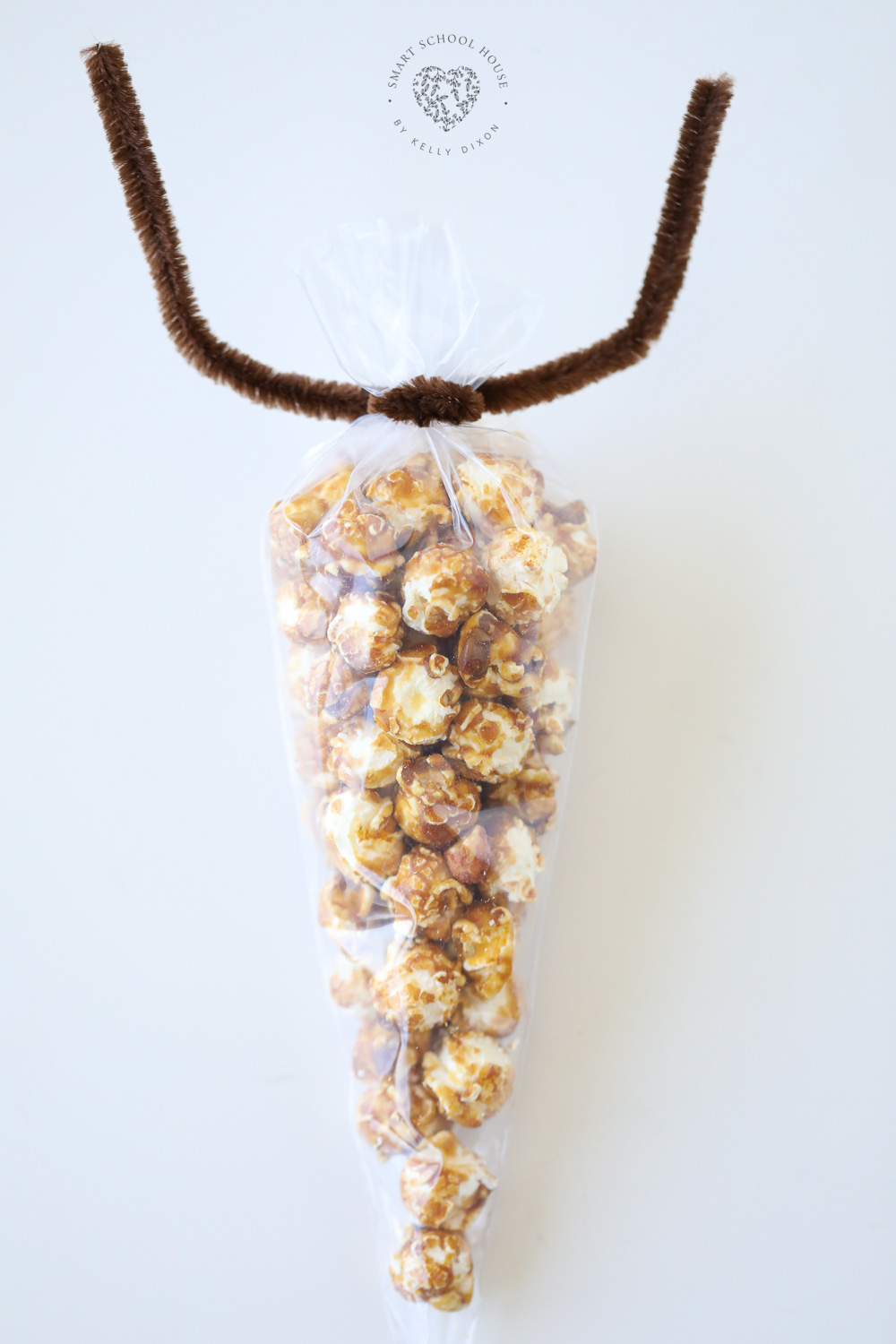 Caramel corn in bag tied with pipe cleaner