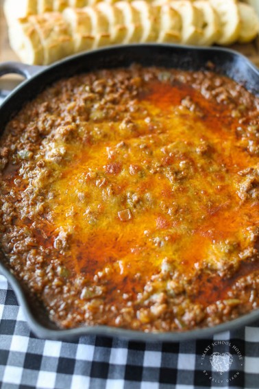 Sloppy Joe Dip is irresistible when served hot or warm. This versatile appetizer is a ground beef mixture that is a thicker, cheesier version of a sloppy joe and the perfect dip for toasted baguette slices.