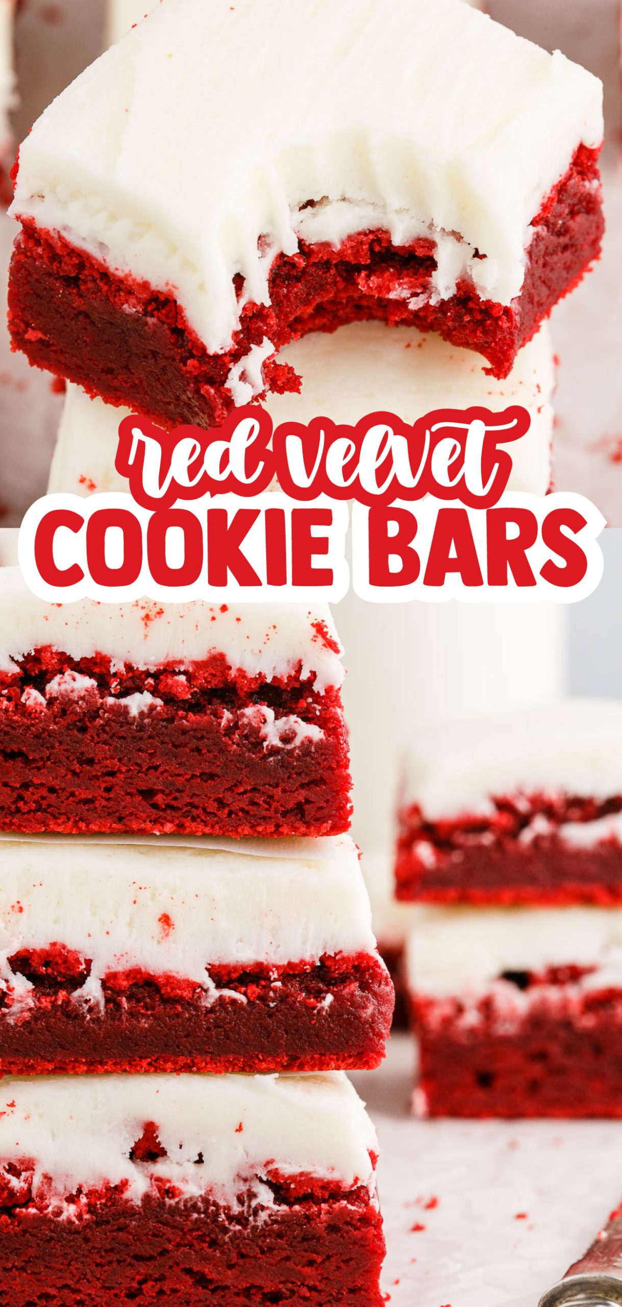 These red velvet cookie bars have a light crunchy outside with a soft and chewy inside making them the perfect balance! They make a great treat to eat on their own or add an extra layer of depth with this cream cheese icing. 
