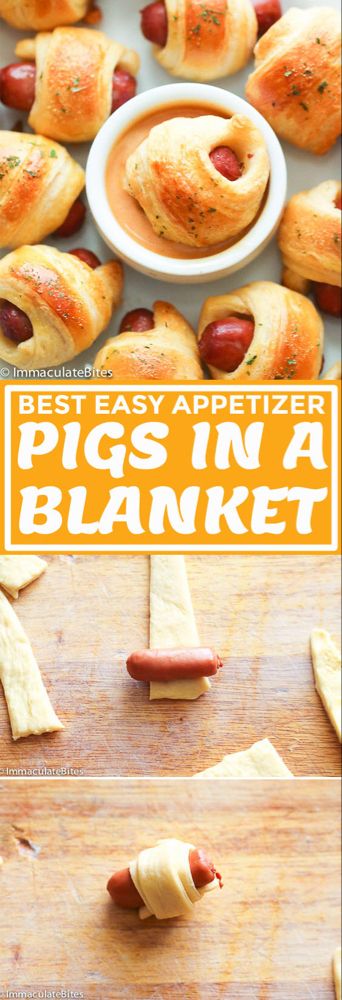 Pigs in a Blanket are crowd-pleasing bite-sized treats made of sausages rolled in a crescent roll dough and brushed with a special sauce.