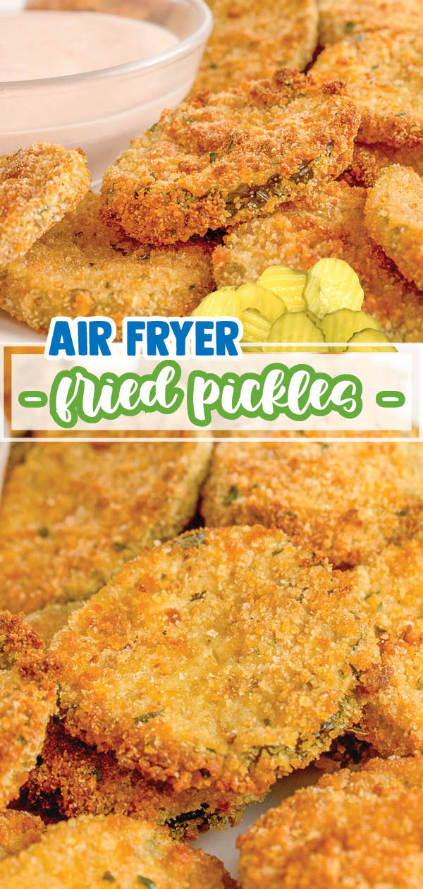 These crispy, Air Fryer Fried Pickles are coated in a golden brown breading and cooked to perfection in the air fryer. Fried Pickles are the perfect appetizer or snack for any occasion.
