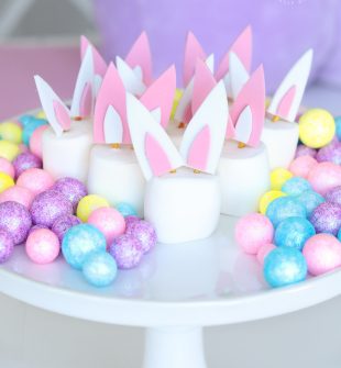 Bunny Ear Marshmallows are so cute on the Easter table! Jumbo marshmallows topped with DIY bunny ears.