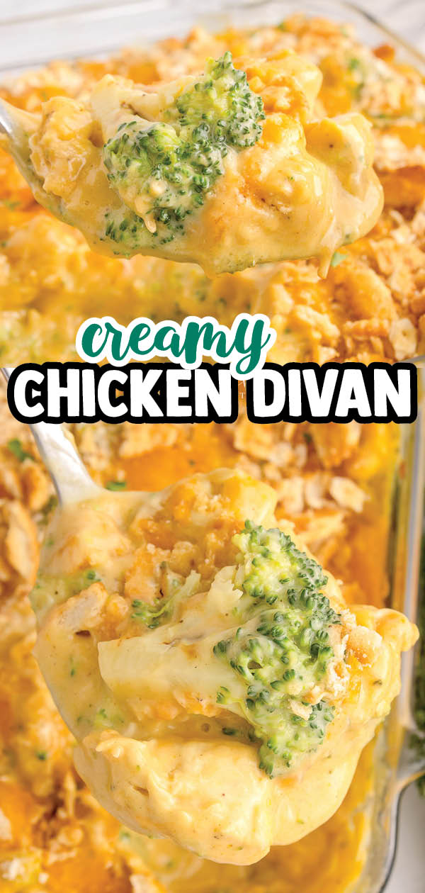 This easy chicken divan recipe begins with seasoning chicken cubes, broccoli, canned soups, sour cream, and milk, then topped with more cheese and butter crackers!