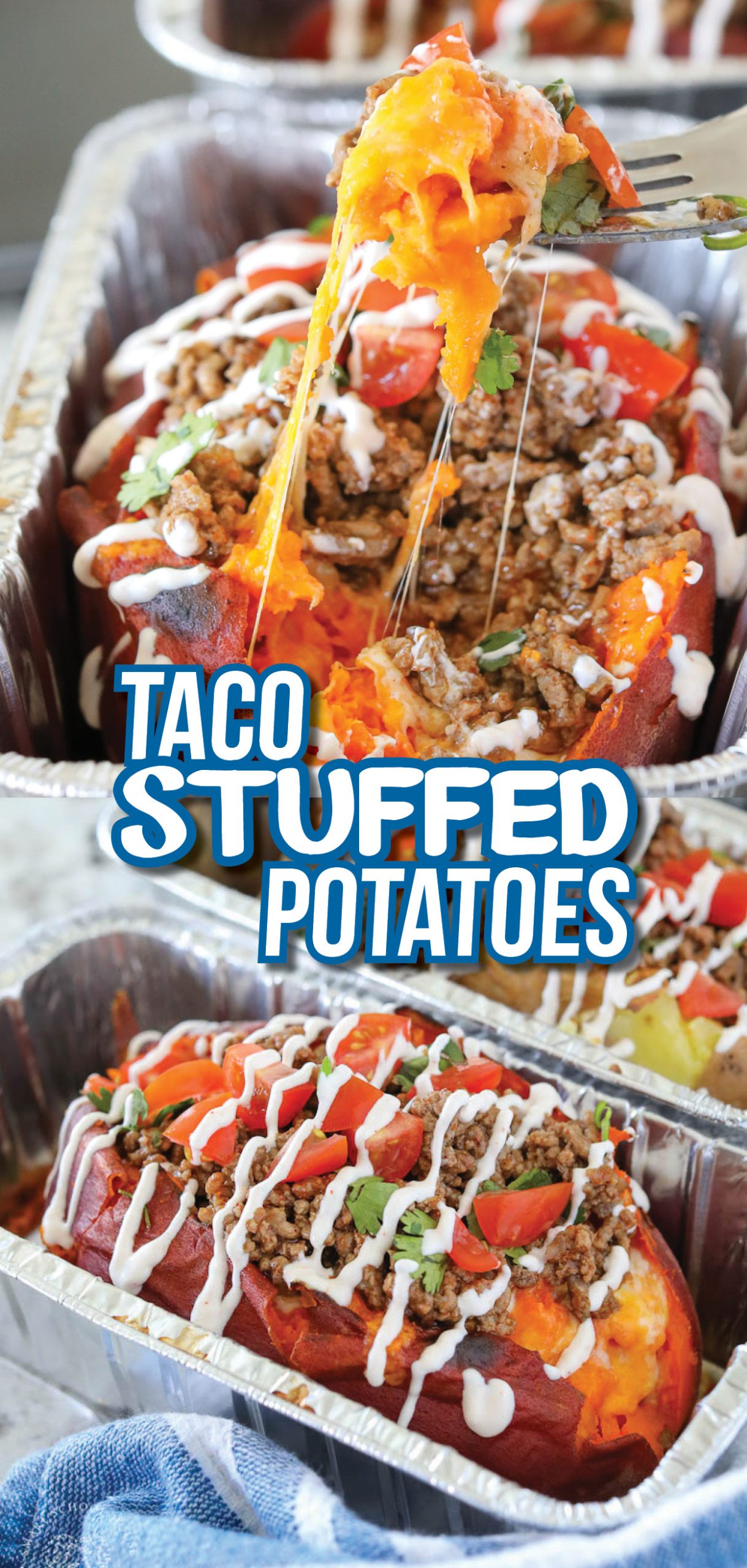 Taco Stuffed Potatoes are nutritious sweet potatoes OR russet potatoes overflowing with seasoned meat and classic taco toppings!