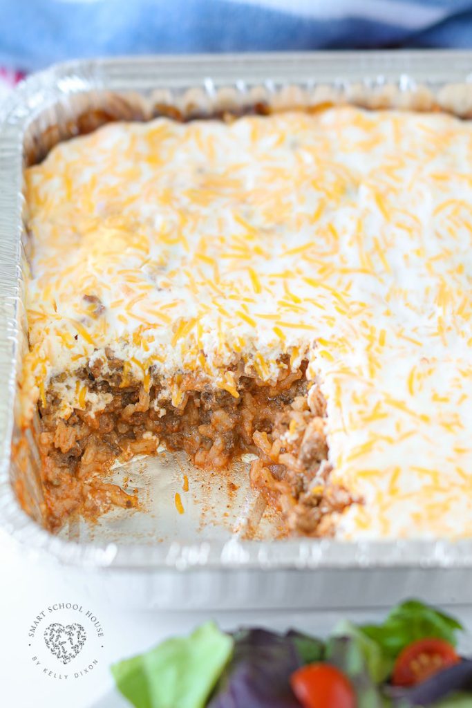 Cheesy Ground Beef and Rice Casserole couldn’t be easier to make! Do yourself a favor and save this hearty dinner for the next time you have a busy day.