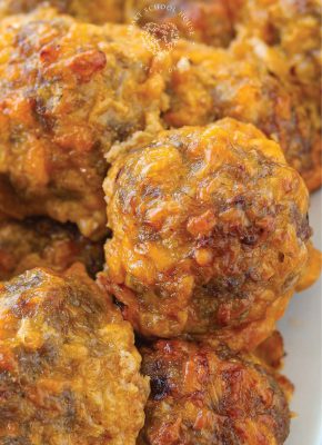 This easy recipe combines breakfast sausage and cheddar cheese for a very flavorful appetizer (think: parties, holidays, and the super bowl!). But, dipped in maple syrup alongside pancakes, you've got an AMAZING breakfast side too!