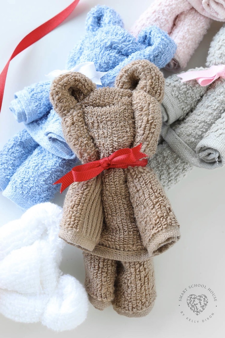 Making a Washcloth Teddy Bear is so easy and fun! This is a no-sew project easy enough for anyone to make.