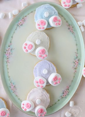 Bunny Butt Cookies are frosted Easter cookies that feature little bunny paws made with marshmallows and a little white marshmallow tail.